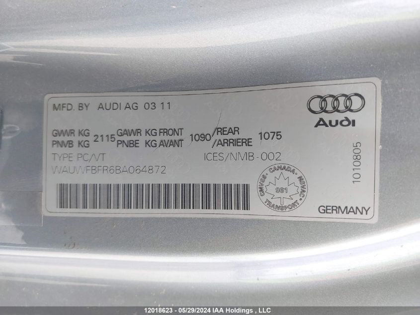 2011 Audi A5 Prestige VIN: WAUWFBFR6BA064872 Lot: 12018623