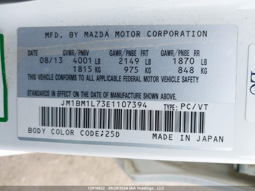 2014 Mazda Mazda3 VIN: JM1BM1L73E1107394 Lot: 12018632