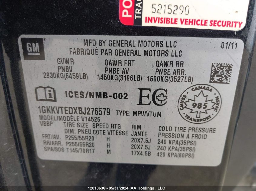 2011 GMC Acadia Denali VIN: 1GKKVTEDXBJ276579 Lot: 12018636