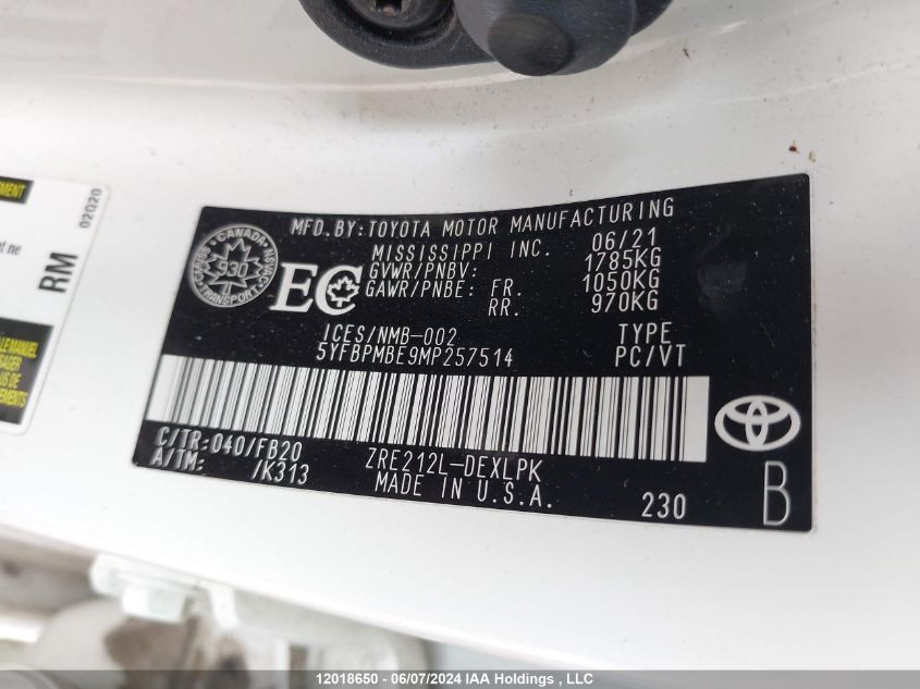 2021 Toyota Corolla VIN: 5YFBPMBE9MP257514 Lot: 12018650