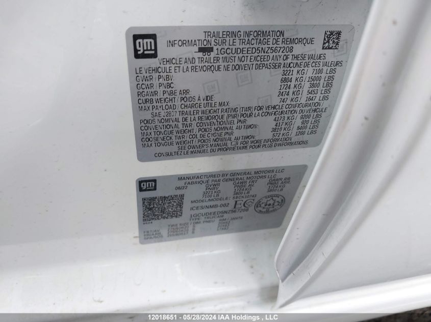 2022 Chevrolet Silverado 1500 VIN: 1GCUDEED5NZ567208 Lot: 12018651