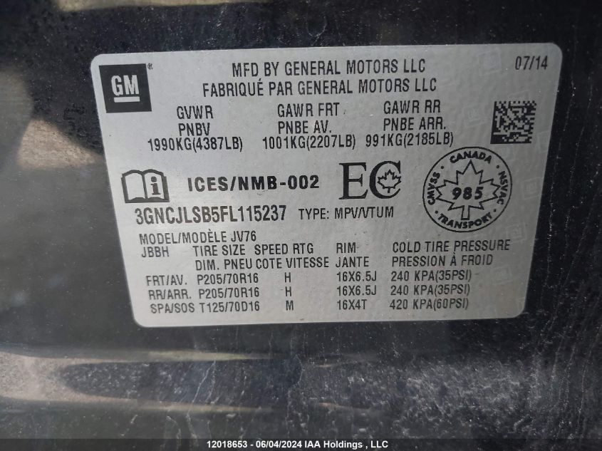 2015 Chevrolet Trax VIN: 3GNCJLSB5FL115237 Lot: 12018653