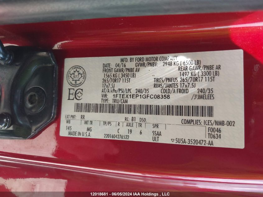 2016 Ford F-150 Xlt VIN: 1FTEX1EP1GFC08358 Lot: 12018681