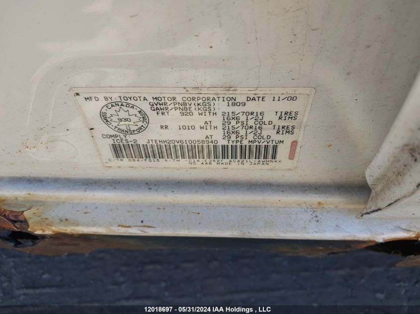 2001 Toyota Rav4 VIN: JTEHH20V610058940 Lot: 12018697