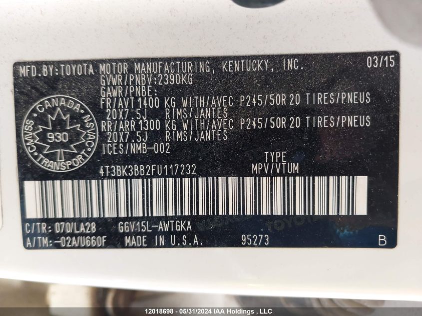 2015 Toyota Venza Base V6 VIN: 4T3BK3BB2FU117232 Lot: 12018698