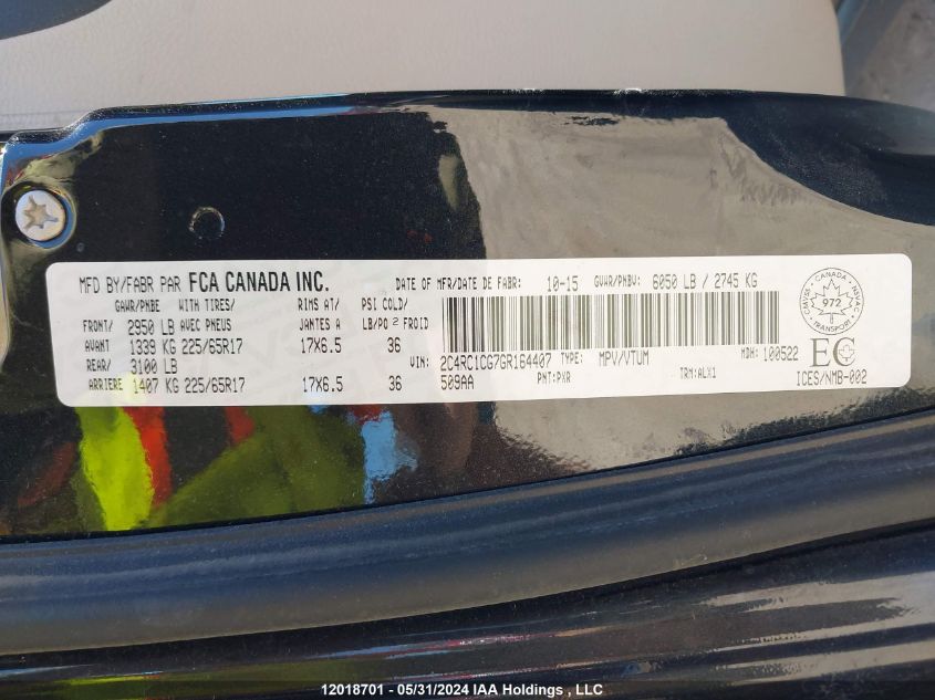 2016 Chrysler Town & Country Touring L VIN: 2C4RC1CG7GR164407 Lot: 12018701