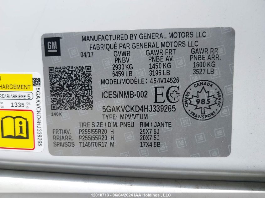 2017 Buick Enclave VIN: 5GAKVCKD4HJ339265 Lot: 12018713