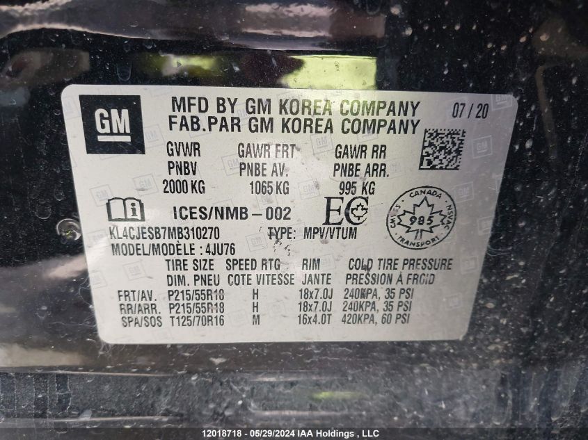 2021 Buick Encore VIN: KL4CJESB7MB310270 Lot: 12018718