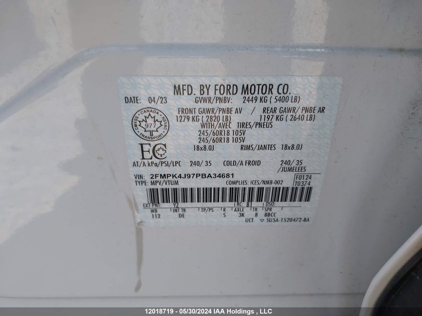 2023 Ford Edge Sel VIN: 2FMPK4J97PBA34681 Lot: 12018719