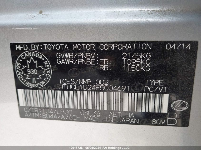 2014 Lexus Is 350 VIN: JTHCE1D24E5004691 Lot: 12018726