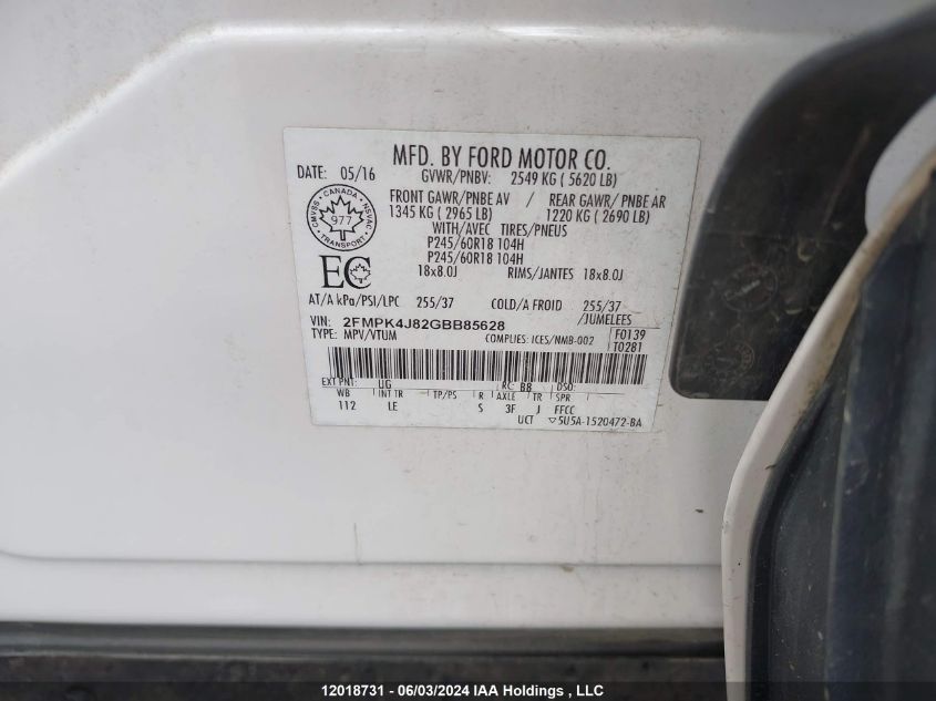 2016 Ford Edge Sel VIN: 2FMPK4J82GBB85628 Lot: 12018731
