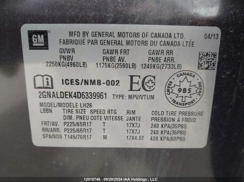 2013 Chevrolet Equinox Lt VIN: 2GNALDEK4D6339961 Lot: 12018746