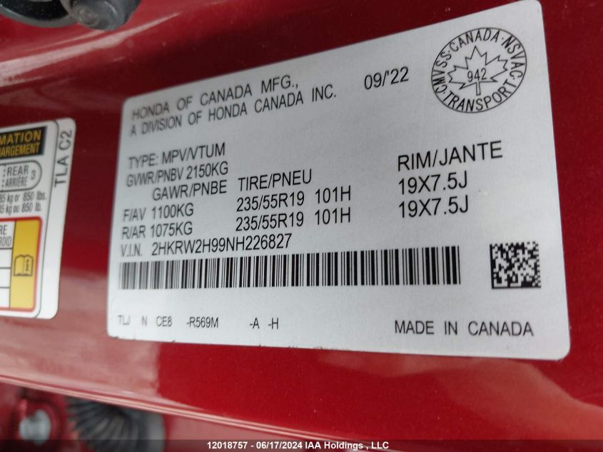 2022 Honda Cr-V VIN: 2HKRW2H99NH226827 Lot: 12018757