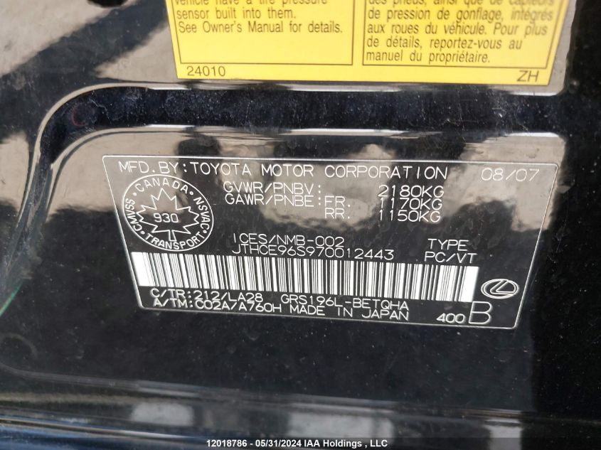 2007 Lexus Gs 350 VIN: JTHCE96S970012443 Lot: 12018786