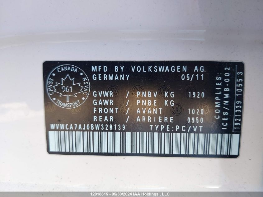 2011 Volkswagen Golf VIN: WVWCA7AJ0BW328139 Lot: 12018815