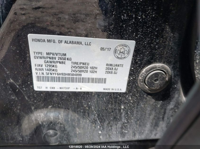 2017 Honda Pilot Touring VIN: 5FNYF6H93HB504899 Lot: 12018820