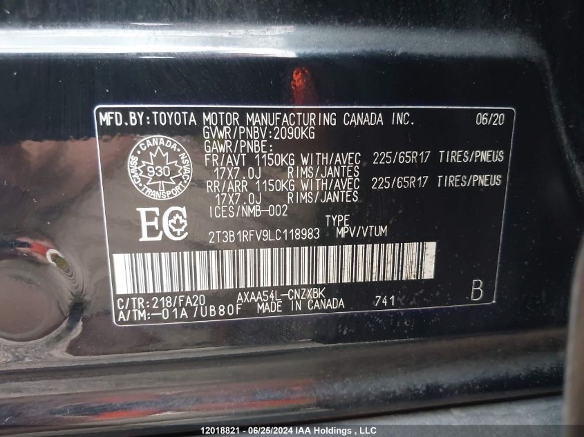 2020 Toyota Rav4 Le VIN: 2T3B1RFV9LC118983 Lot: 12018821