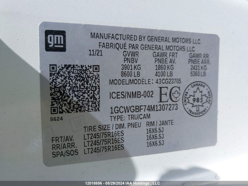 2021 Chevrolet Express Cargo Van VIN: 1GCWGBF74M1307273 Lot: 12018856