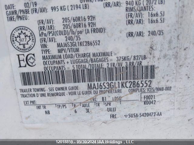 2019 Ford Ecosport Se VIN: MAJ6S3GL1KC286552 Lot: 12018859