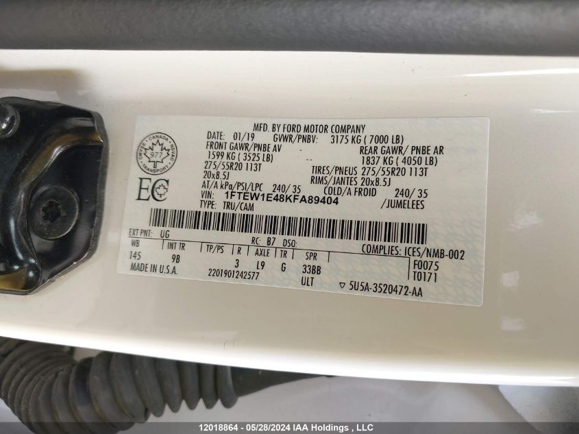 2019 Ford F150 Supercrew VIN: 1FTEW1E48KFA89404 Lot: 12018864