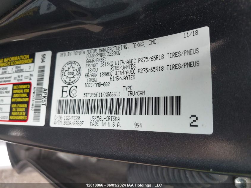 2019 Toyota Tundra Double Cab Sr/Sr5 VIN: 5TFUY5F11KX806611 Lot: 12018866