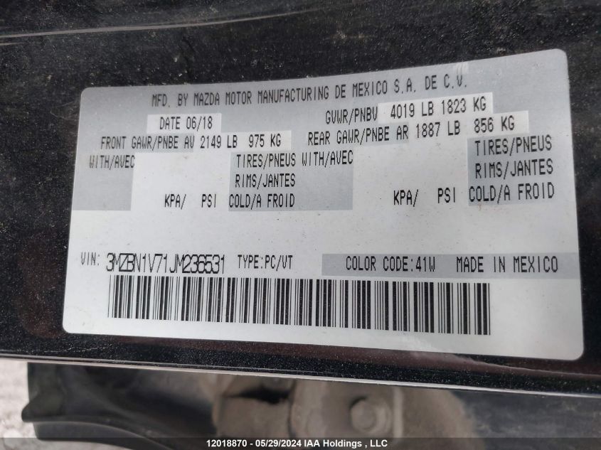 2018 Mazda 3 Touring VIN: 3MZBN1V71JM236531 Lot: 12018870