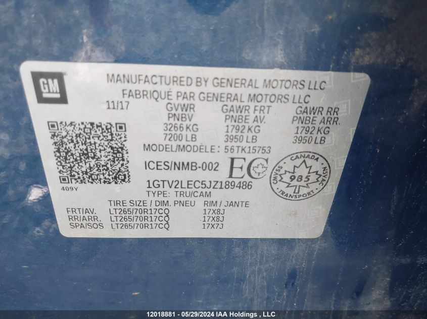 2018 GMC Sierra 1500 VIN: 1GTV2LEC5JZ189486 Lot: 12018881