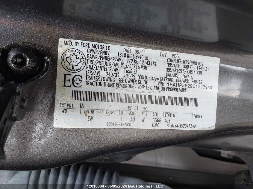 2012 Ford Focus Se VIN: 1FAHP3F29CL217953 Lot: 12018884