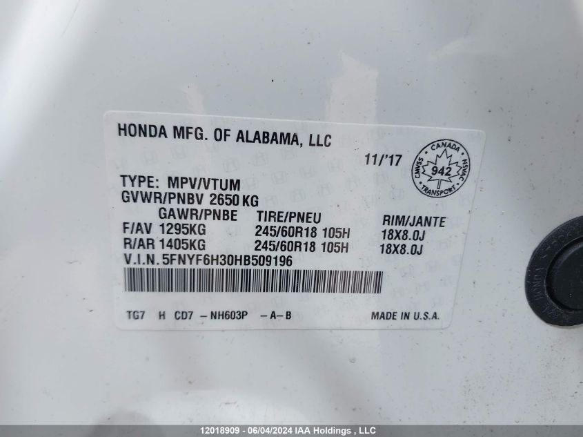 2017 Honda Pilot VIN: 5FNYF6H30HB509196 Lot: 12018909