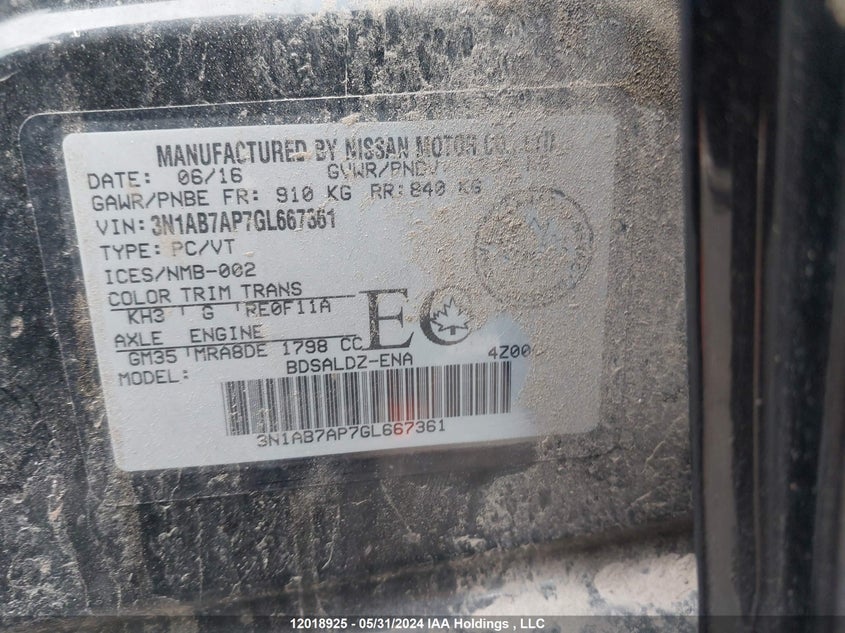 2016 Nissan Sentra S/Sv/Sr/Sl VIN: 3N1AB7AP7GL667361 Lot: 12018925