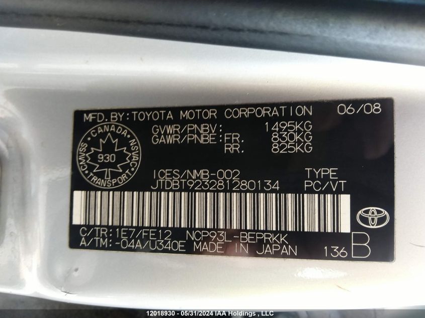 2008 Toyota Yaris VIN: JTDBT923281280134 Lot: 12018930