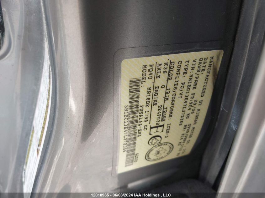 2007 Nissan Versa S/Sl VIN: 3N1BC13E47L372356 Lot: 12018935