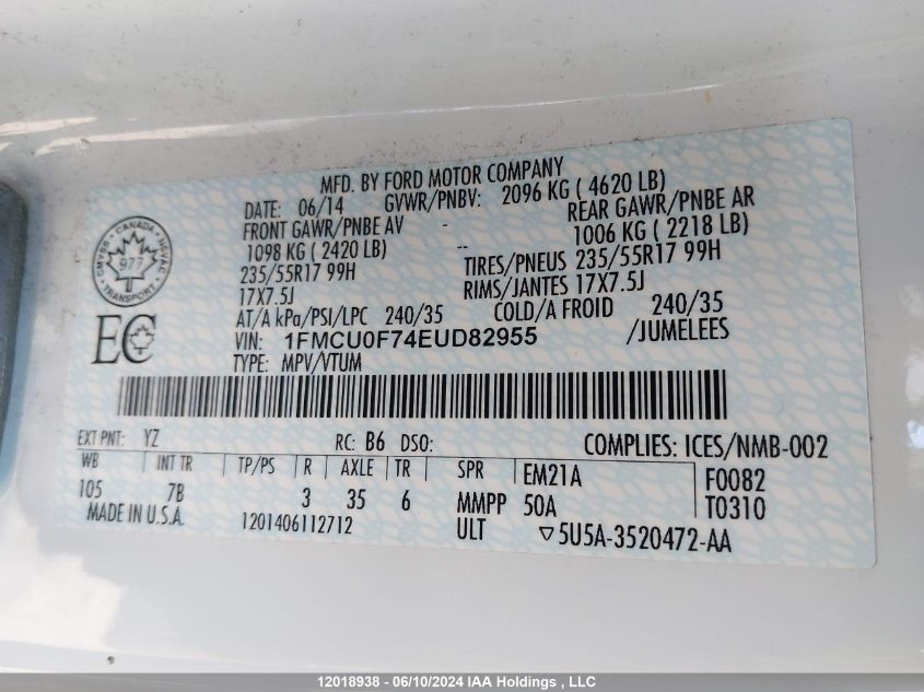 2014 Ford Escape S VIN: 1FMCU0F74EUD82955 Lot: 12018938