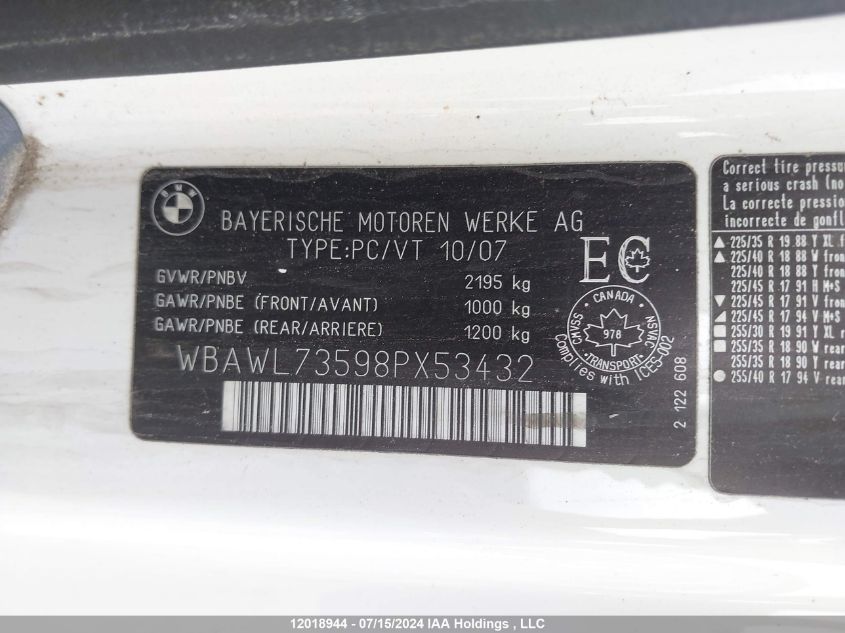 2008 BMW 3 Series VIN: WBAWL73598PX53432 Lot: 12018944