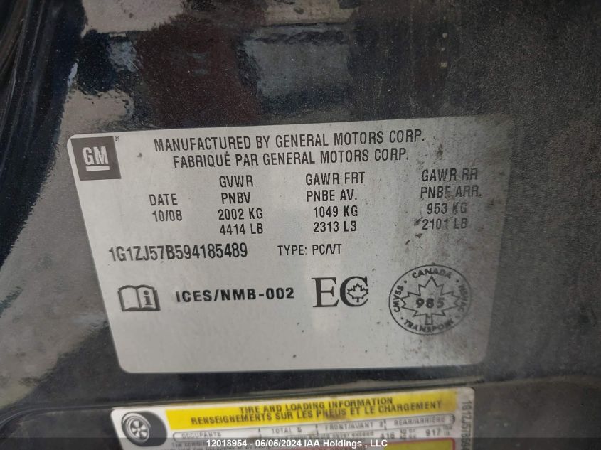 2009 Chevrolet Malibu VIN: 1G1ZJ57B594185489 Lot: 12018954