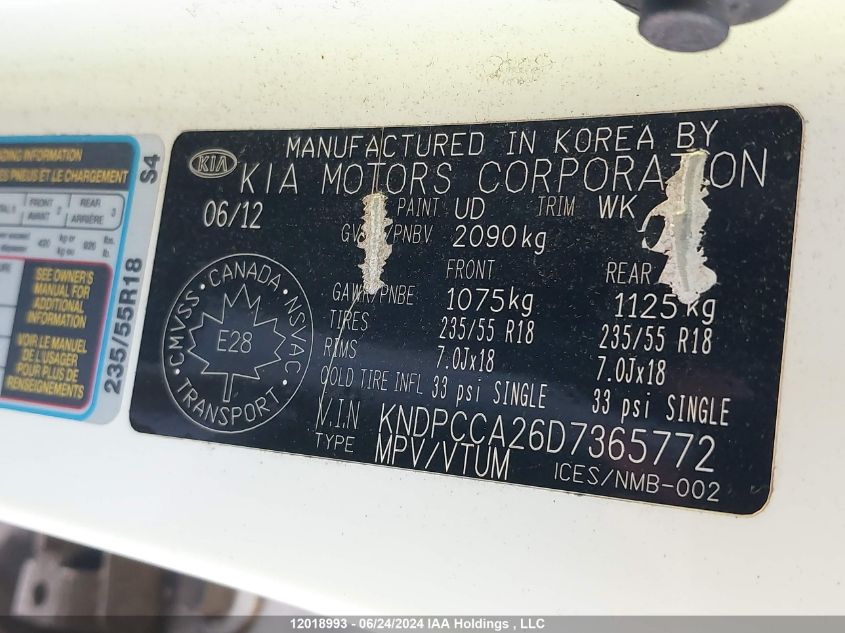 2013 Kia Sportage Ex VIN: KNDPCCA26D7365772 Lot: 12018993