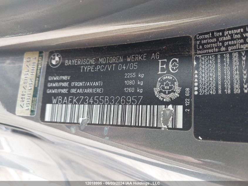 2005 BMW 6 Series VIN: WBAEK73455B326957 Lot: 12018995