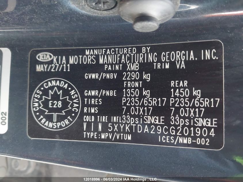 2012 Kia Sorento VIN: 5XYKTDA29CG201904 Lot: 12018996
