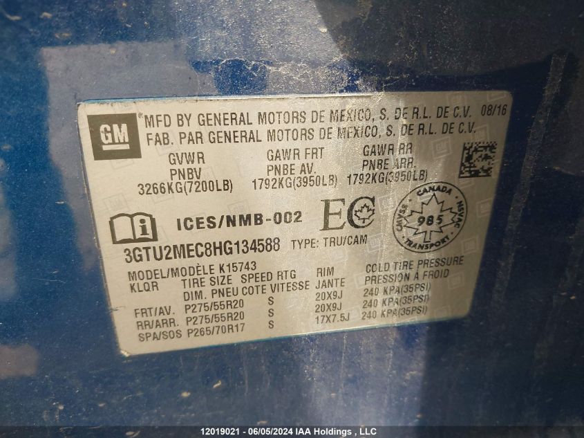 2017 GMC Sierra 1500 VIN: 3GTU2MEC8HG134588 Lot: 12019021