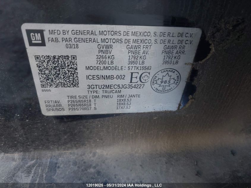 2018 GMC Sierra 1500 VIN: 3GTU2MEC5JG354227 Lot: 12019025