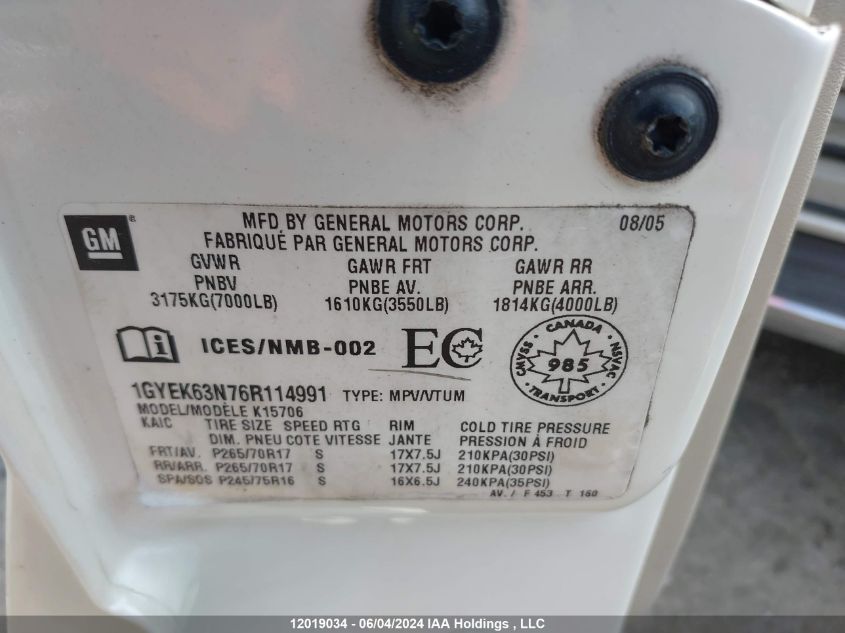 2006 Cadillac Escalade Luxury VIN: 1GYEK63N76R114991 Lot: 12019034