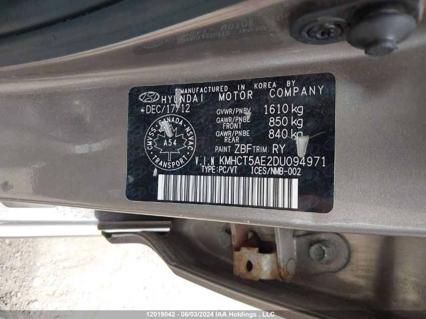 2013 Hyundai Accent Gls/Gs VIN: KMHCT5AE2DU094971 Lot: 12019042