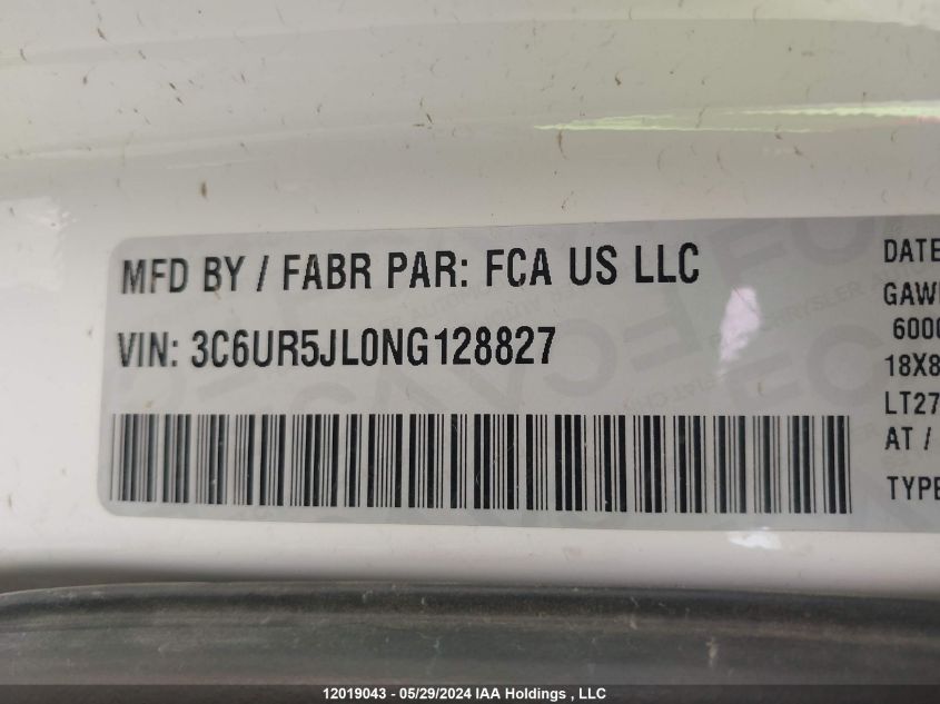 2022 Ram 2500 Big Horn/Lone Star VIN: 3C6UR5JL0NG128827 Lot: 12019043