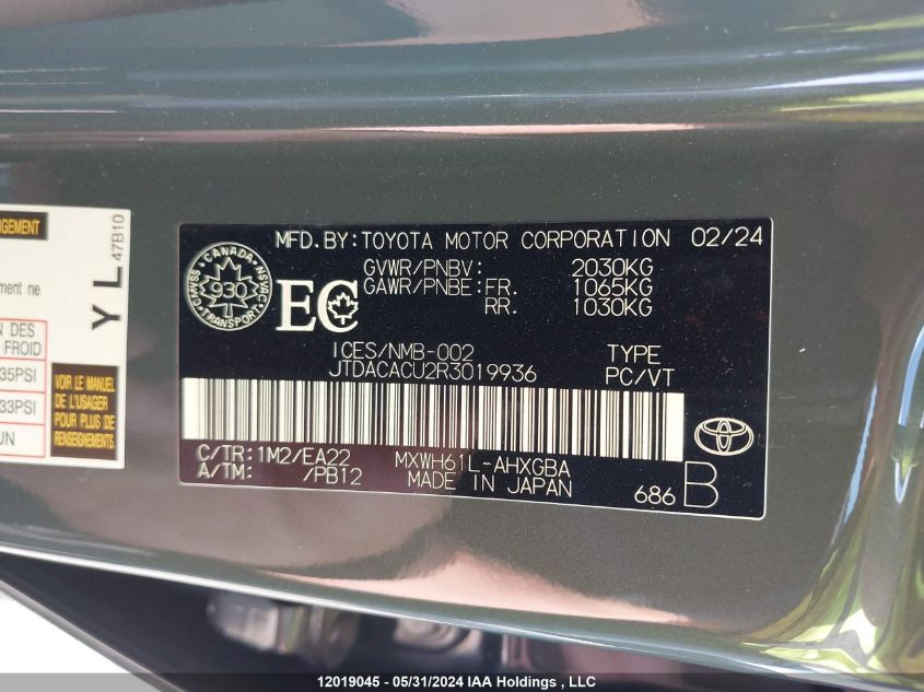 2024 Toyota Prius Prime Se/Xse/Xse Premium VIN: JTDACACU2R3019936 Lot: 12019045