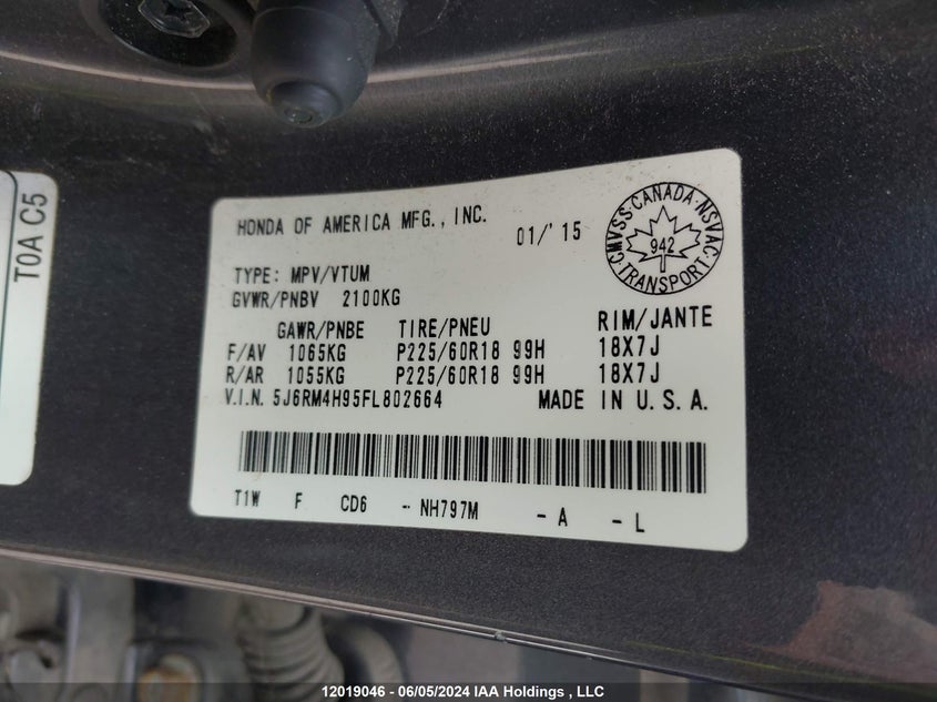 2015 Honda Cr-V VIN: 5J6RM4H95FL802664 Lot: 12019046