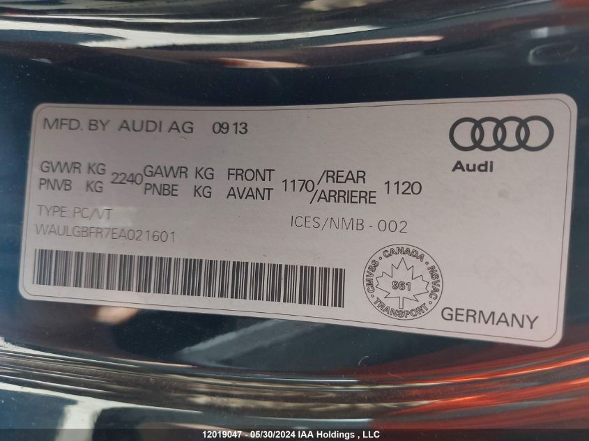 2014 Audi S5 VIN: WAULGBFR7EA021601 Lot: 12019047