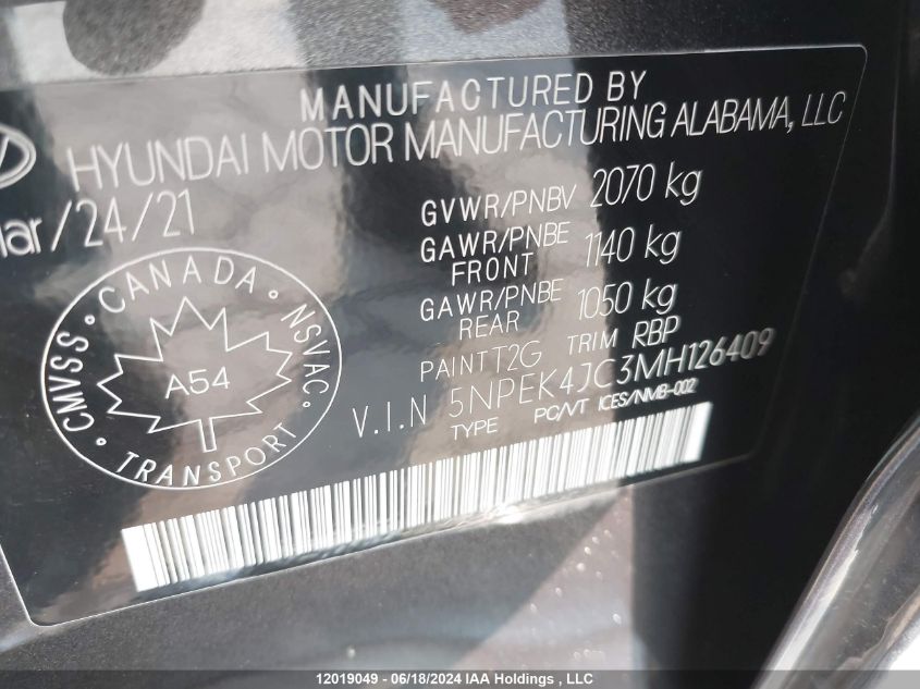 2021 Hyundai Sonata N Line VIN: 5NPEK4JC3MH126409 Lot: 12019049