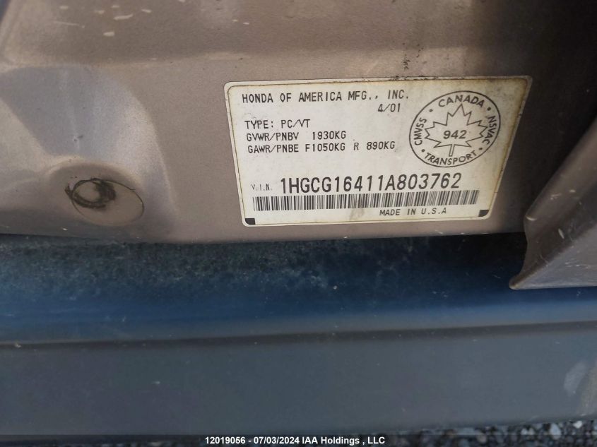 2001 Honda Accord Lx VIN: 1HGCG16411A803762 Lot: 12019056