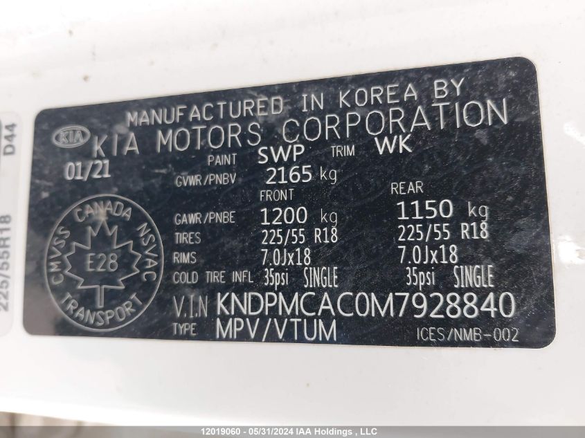 2021 Kia Sportage VIN: KNDPMCAC0M7928840 Lot: 12019060