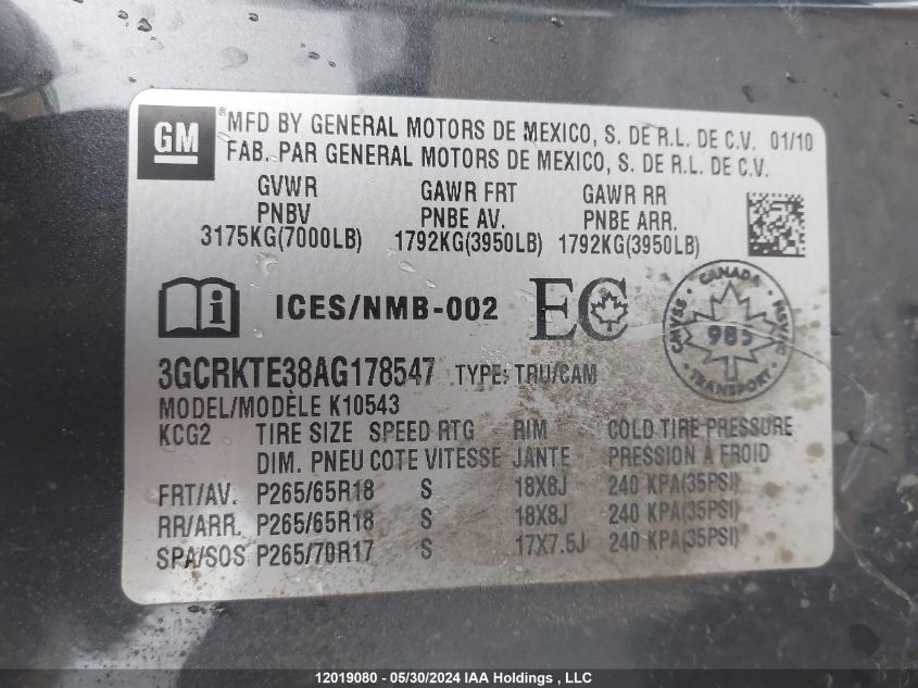2010 Chevrolet Silverado 1500 VIN: 3GCRKTE38AG178547 Lot: 12019080